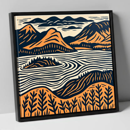 Derwentwater Island in Orange and Navy lake district lake canvas wall art in black frame