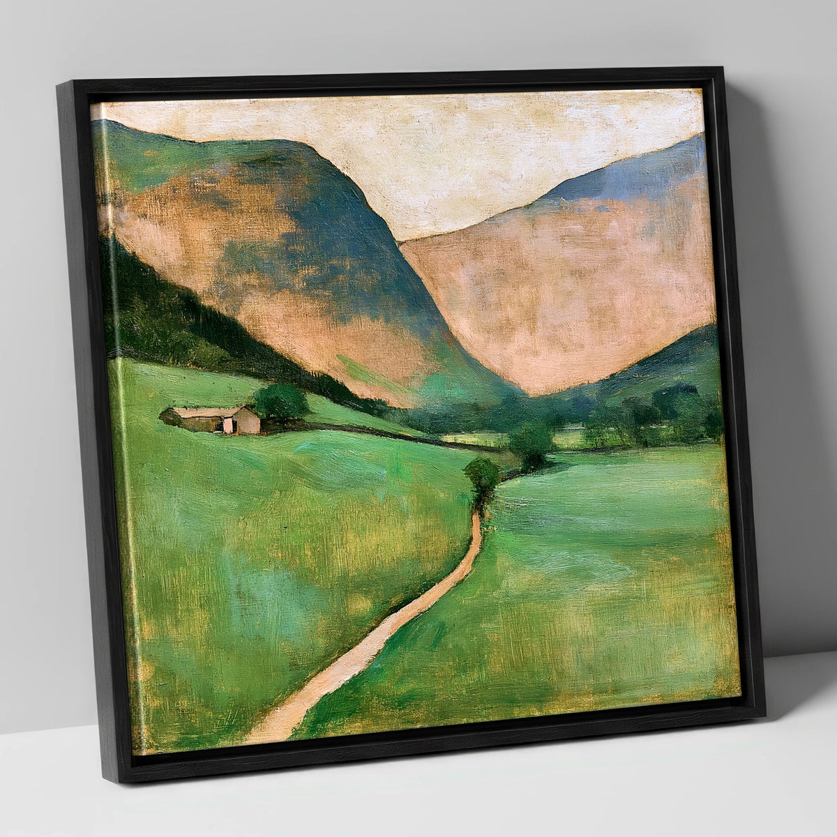 Green Valley Beneath Warm Fells lake district valley canvas wall art in black frame