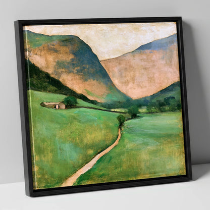 Green Valley Beneath Warm Fells lake district valley canvas wall art in black frame