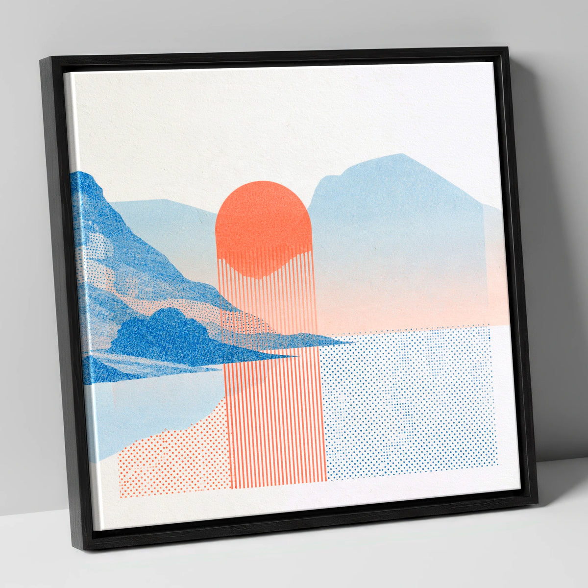 Modern Buttermere in Coral and Blue lake district lake canvas wall art in black frame