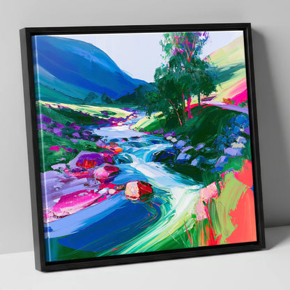 Electric Blue Rushing Fellside Beck lake district waterfall canvas wall art in black frame