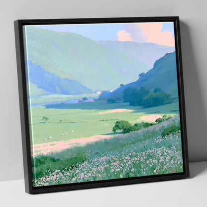Blue Fells and Wildflower Meadow lake district valley canvas wall art in black frame
