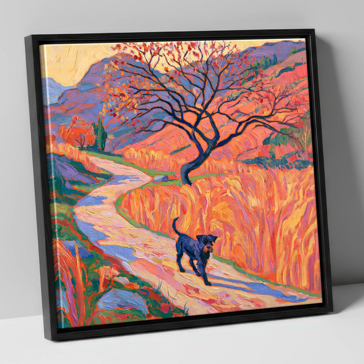 Colourful Patterdale Dog Walk gifts for dog walkers canvas wall art in black frame
