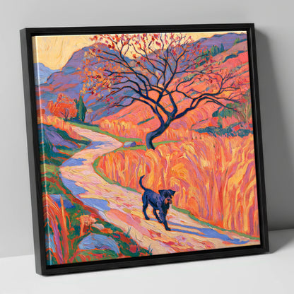 Colourful Patterdale Dog Walk gifts for dog walkers canvas wall art in black frame