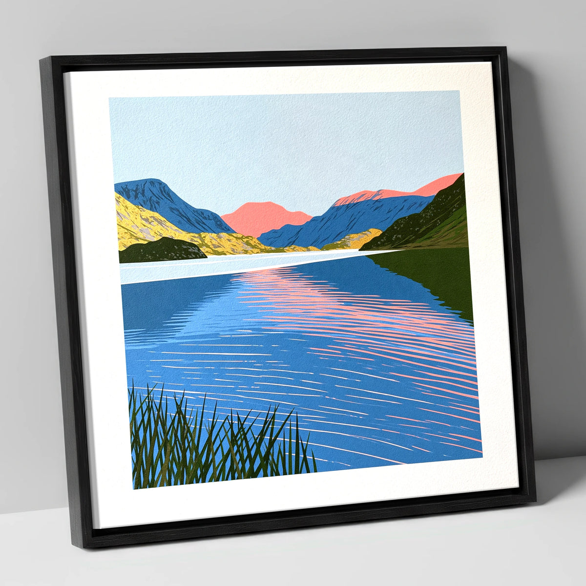 Coral Dawn over Still Lake lake district lake canvas wall art in black frame