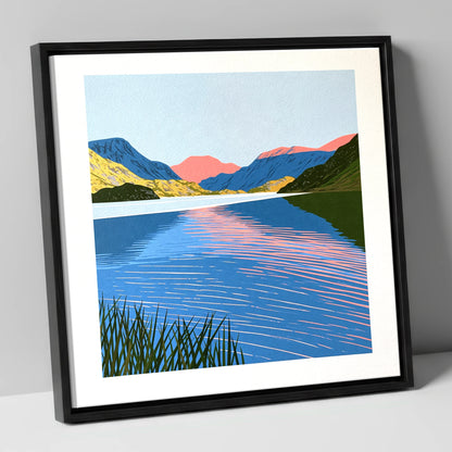 Coral Dawn over Still Lake lake district lake canvas wall art in black frame