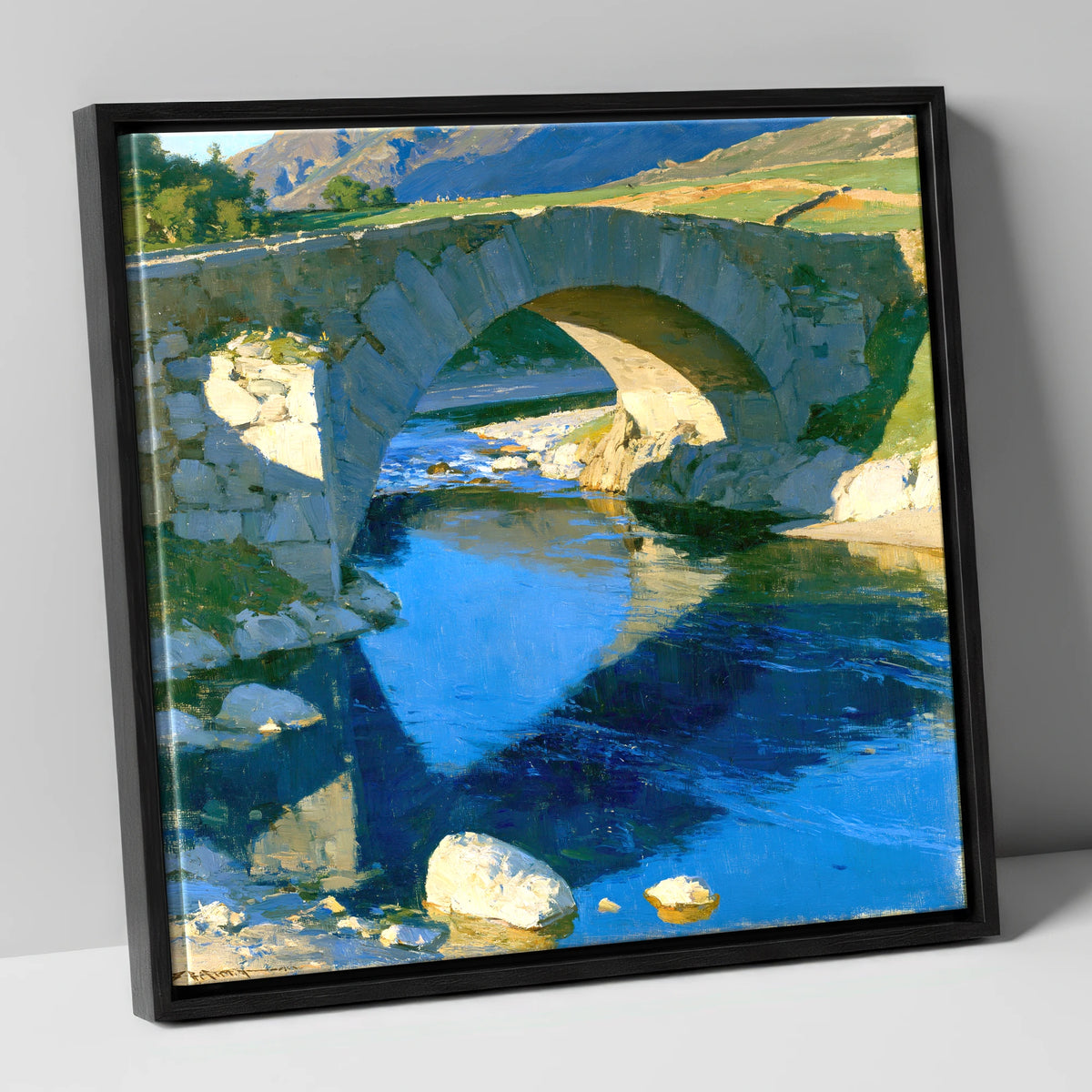 Stone Bridge over Blue Beck lake district waterfall canvas wall art in black frame