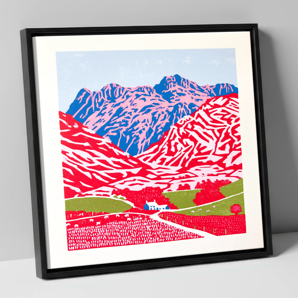 Vibrant Great Langdale Fells lake district valley canvas wall art in black frame