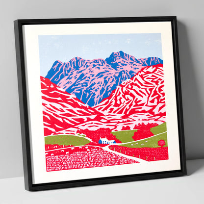 Vibrant Great Langdale Fells lake district valley canvas wall art in black frame