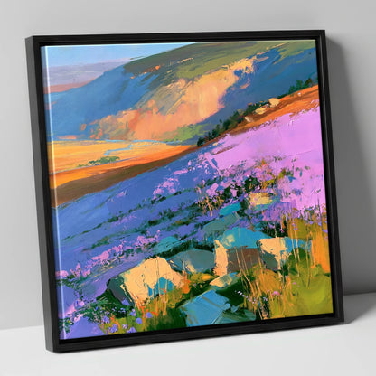 Vibrant Purple Heather Fellside flowers & fellsides canvas wall art in black frame