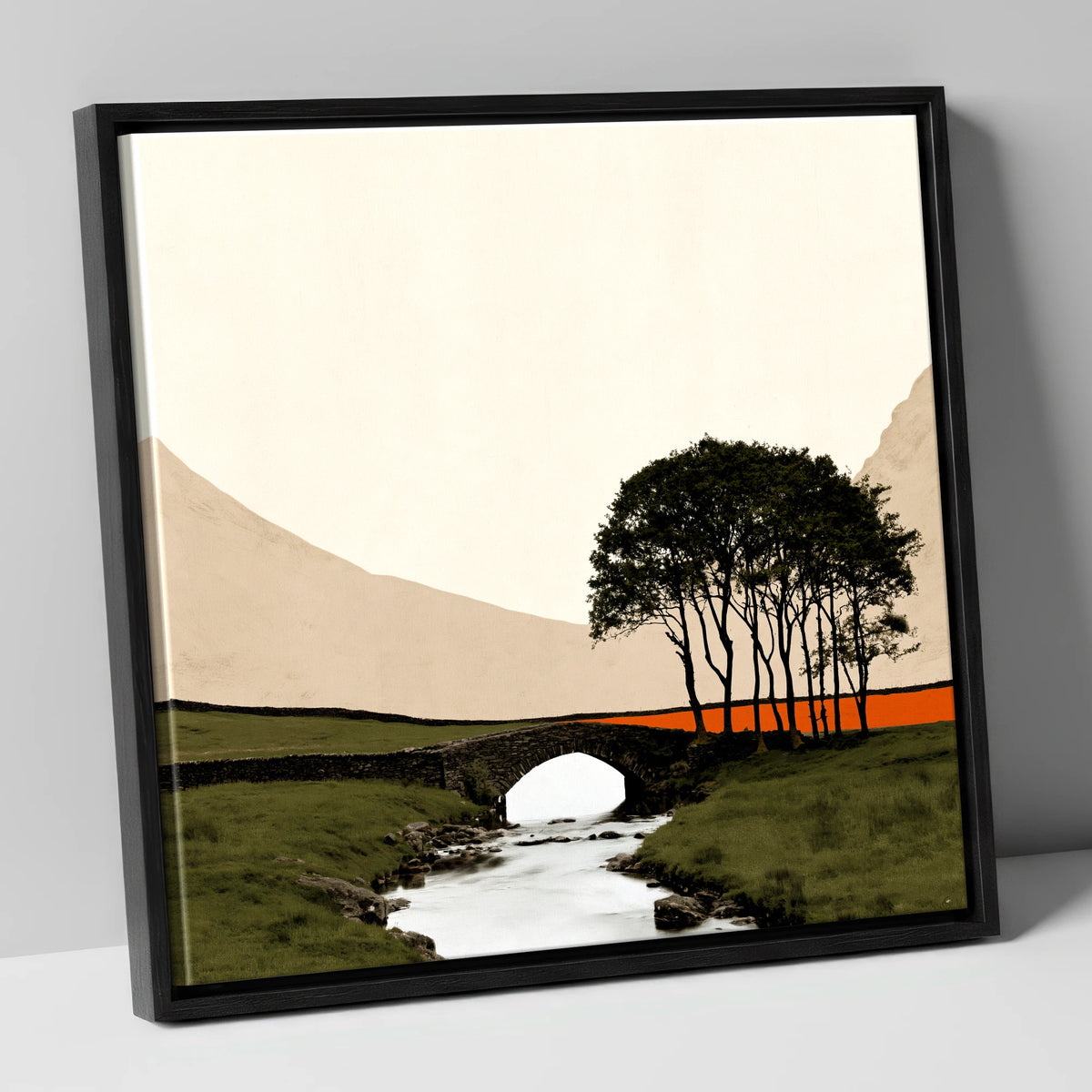 Stone Bridge With Silhouetted Trees lake district waterfall canvas wall art in black frame