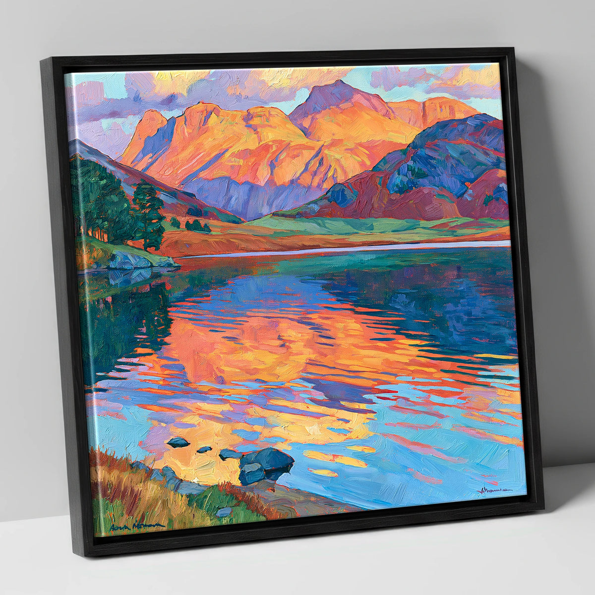 Radiant Fells and Lake Reflections lake district lake canvas wall art in black frame