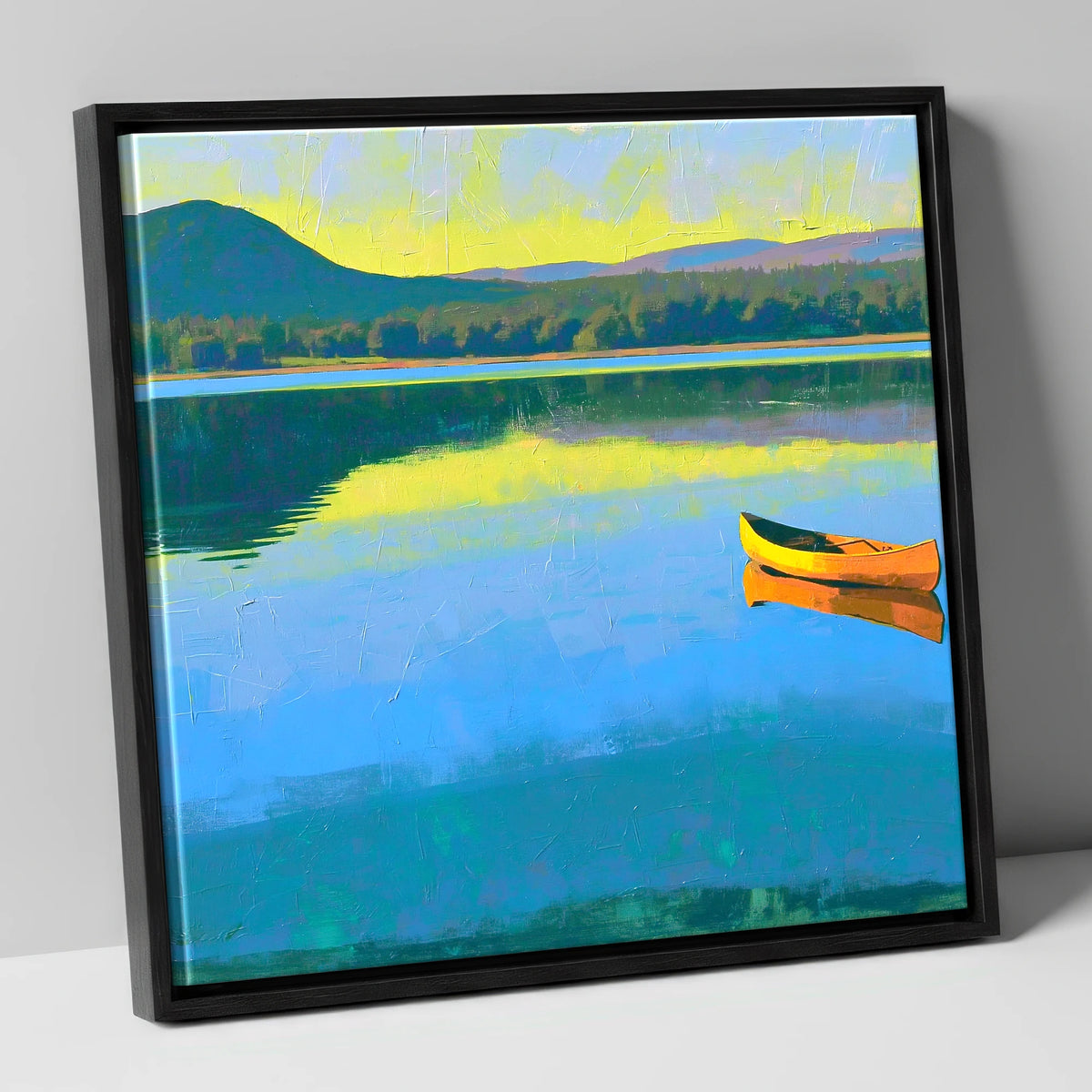 Bold Yellow Canoe on Windermere lake district lake canvas wall art in black frame