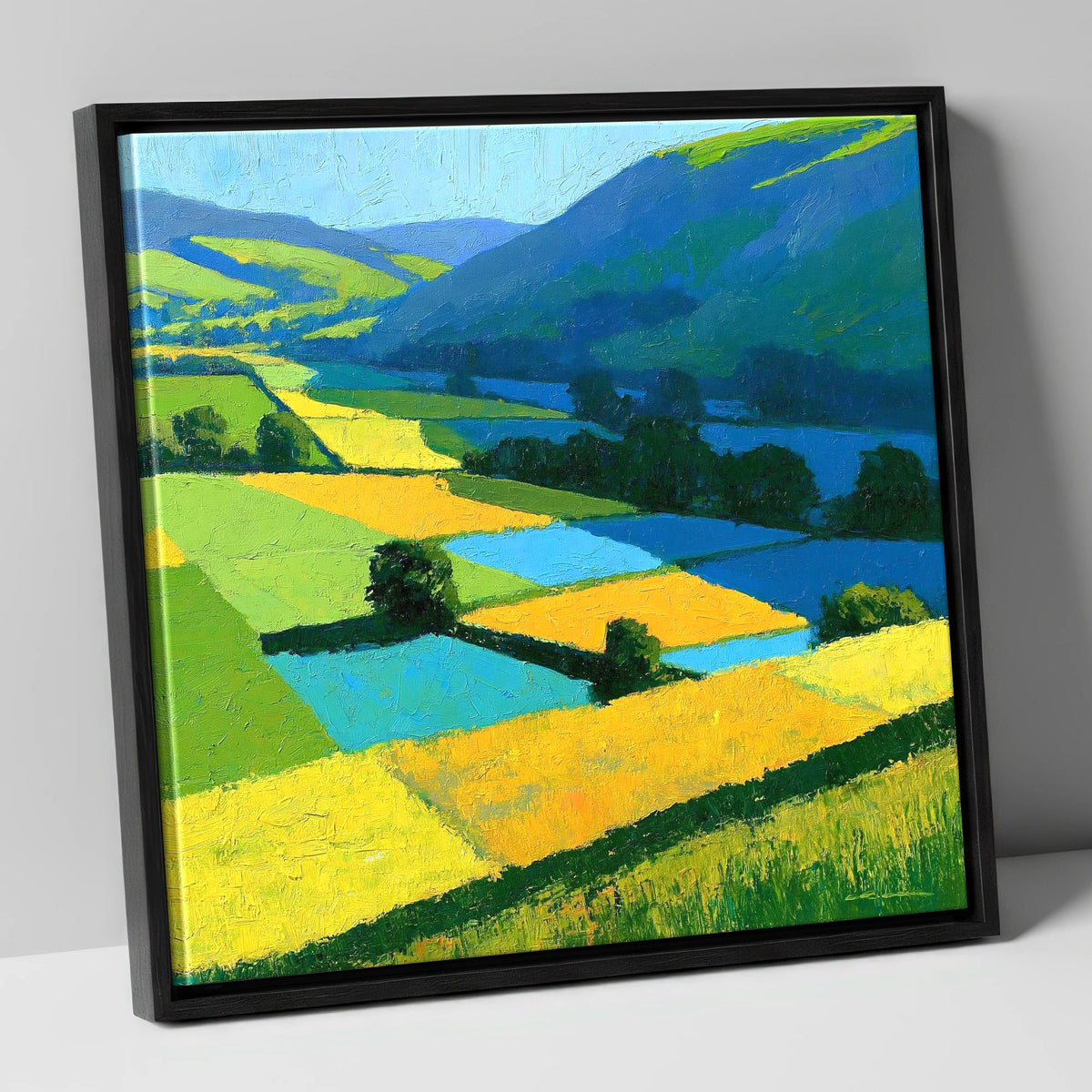 Cobalt And Yellow Dale Fields lake district valley canvas wall art in black frame
