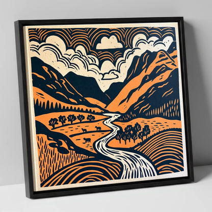 Graphic Great Langdale Valley lake district valley canvas wall art in black frame