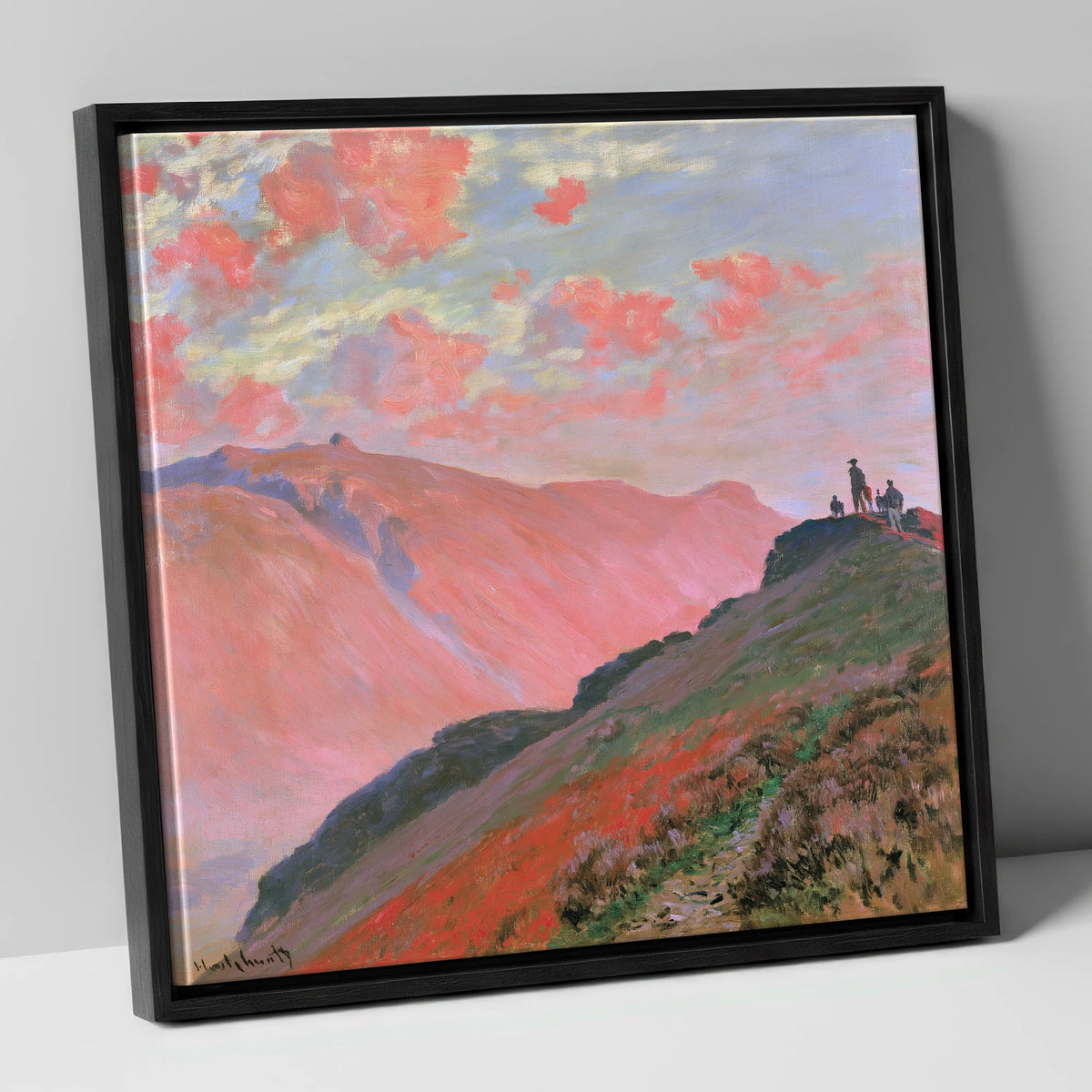 Hikers on a Pink Sunset Fell lake district fell canvas wall art in black frame