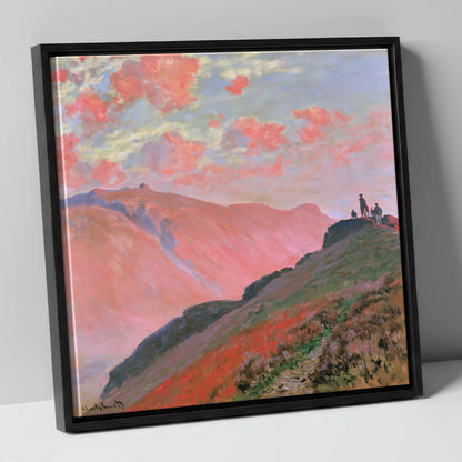 Hikers on a Pink Sunset Fell lake district fell canvas wall art in black frame