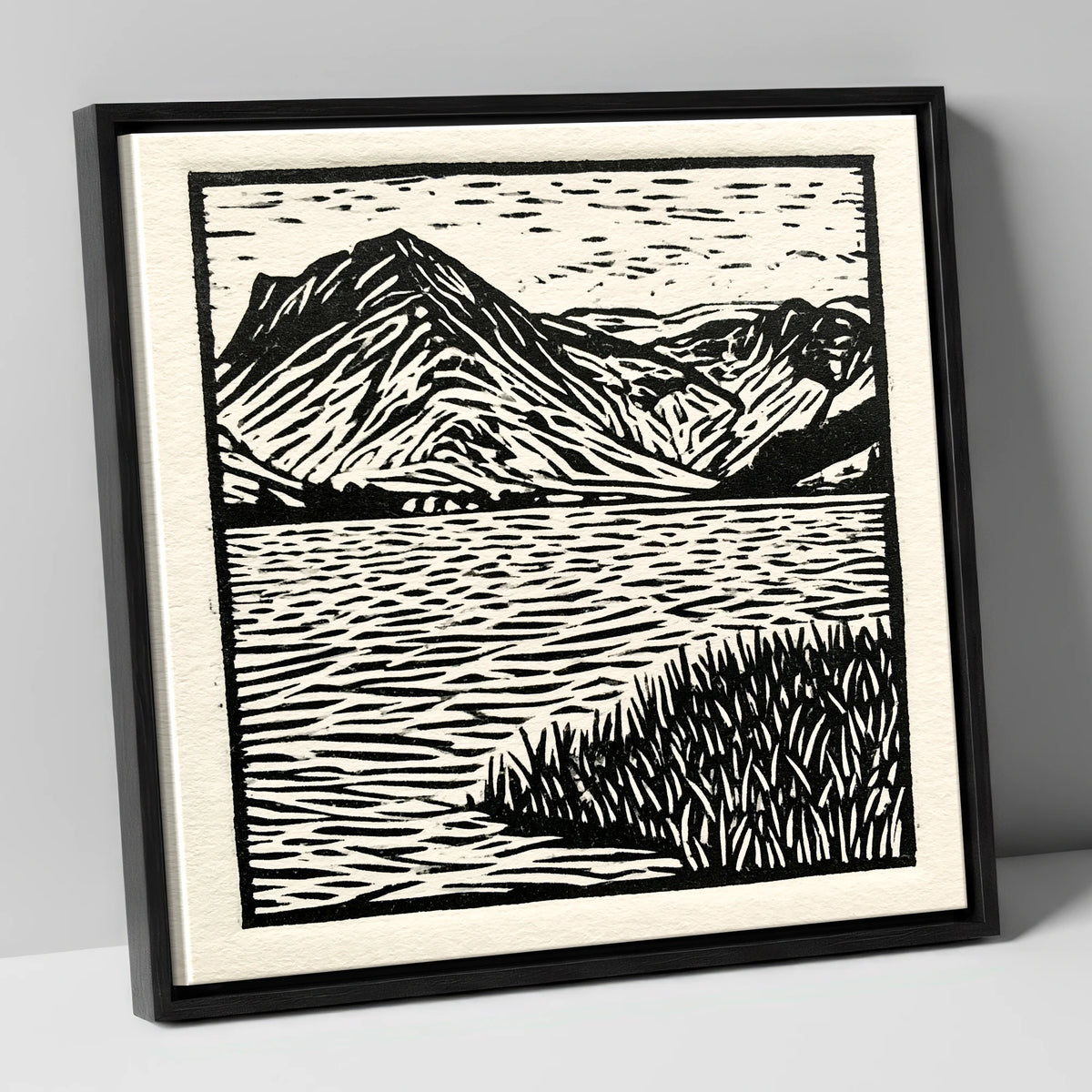 Monochrome Buttermere and Fells lake district lake canvas wall art in black frame