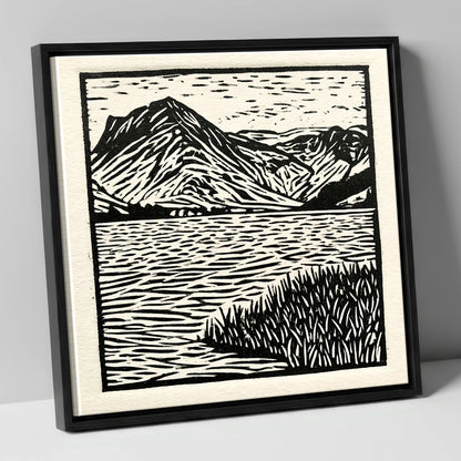 Monochrome Buttermere and Fells lake district lake canvas wall art in black frame