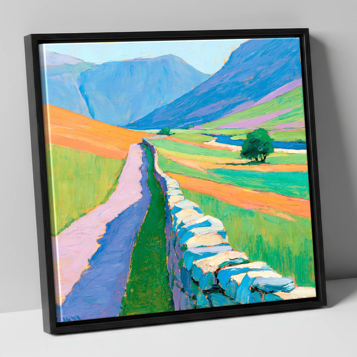 Drystone Wall Through Vivid Valley lake district valley canvas wall art in black frame