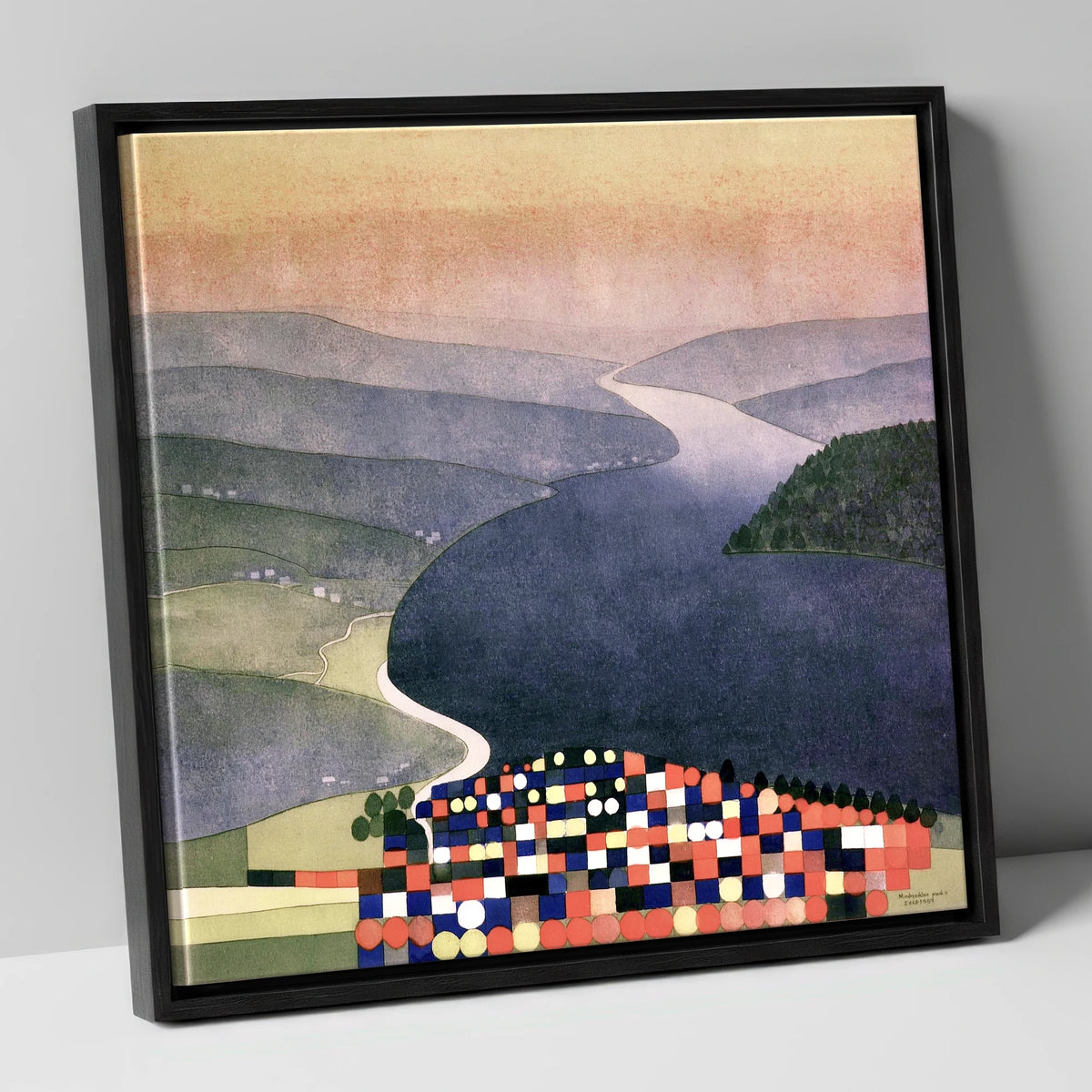 Geometric Ambleside and Indigo Waters lake district village canvas wall art in black frame