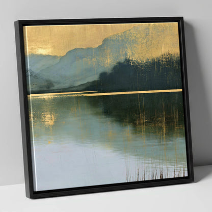 Still Lake Under Gilded Sky lake district lake canvas wall art in black frame