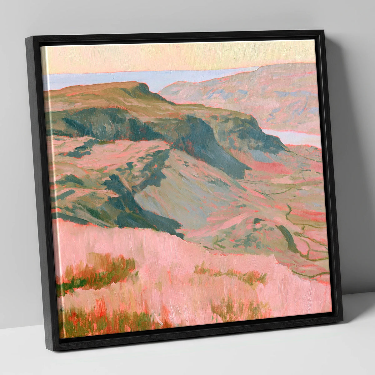 Fell Summit in Pastel Pink lake district fell canvas wall art in black frame