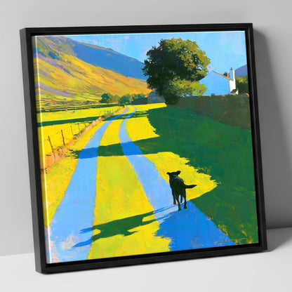 Summer Dog Walk in Wasdale gifts for dog walkers canvas wall art in black frame