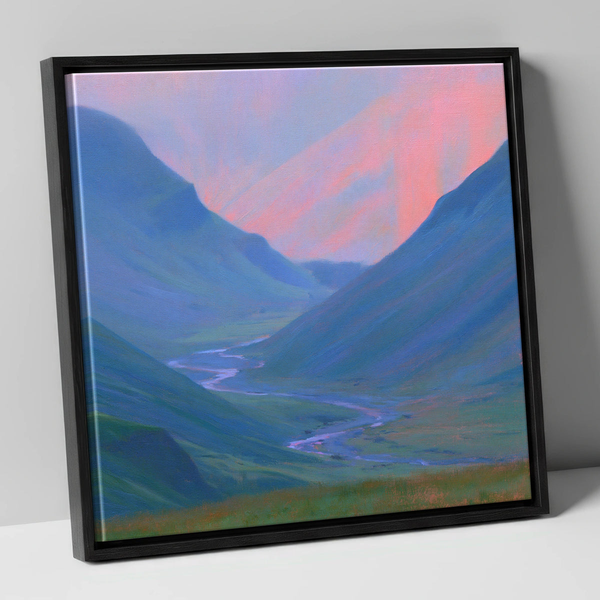 River Valley in Pink Twilight lake district waterfall canvas wall art in black frame