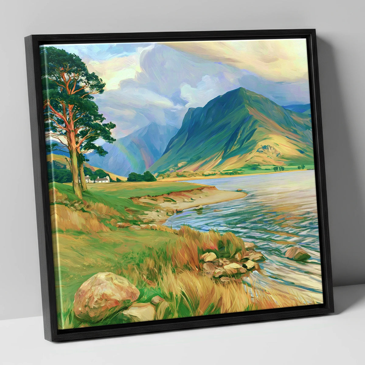 Lakeshore Rainbow After Rain lake district sky canvas wall art in black frame