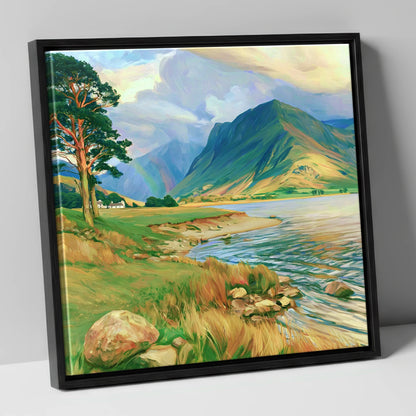 Lakeshore Rainbow After Rain lake district sky canvas wall art in black frame