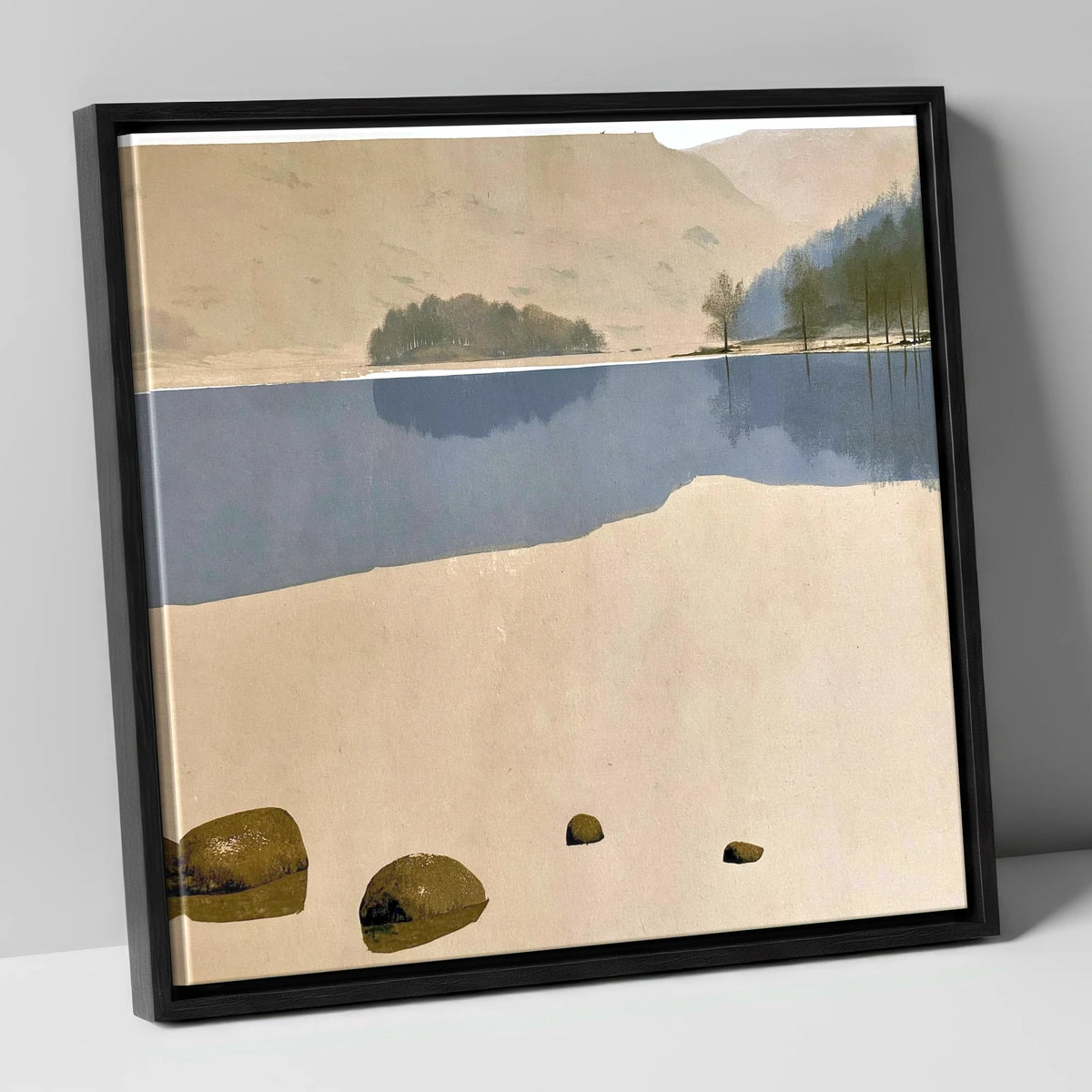 Mossy Boulders at Rydal Water lake district lake canvas wall art in black frame