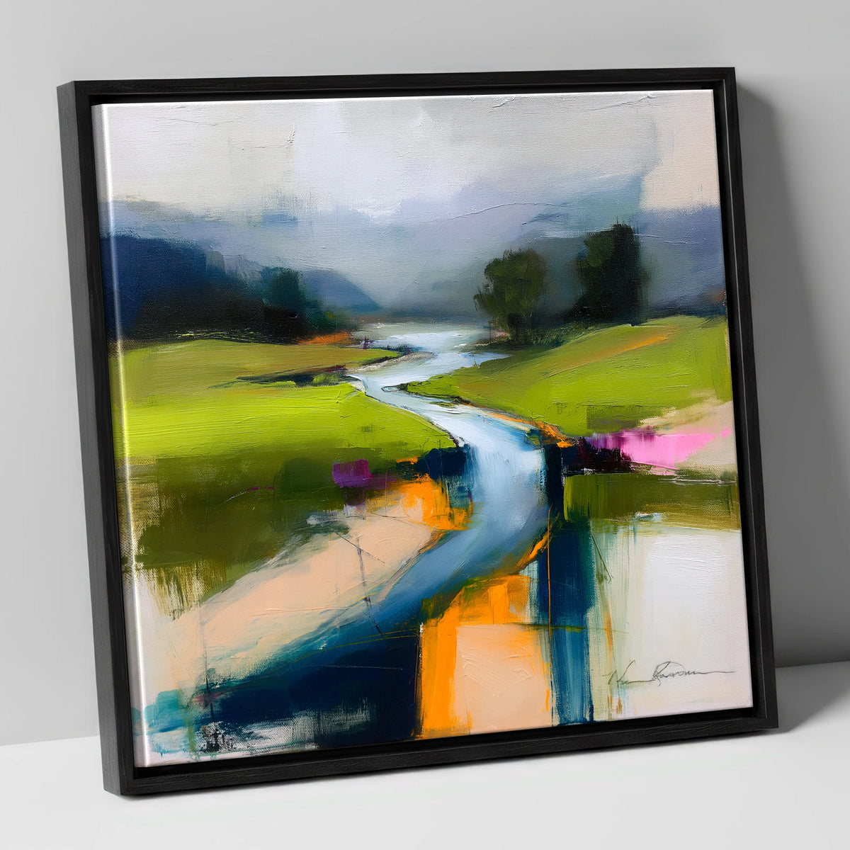 Vibrant Winding River and Valley lake district waterfall canvas wall art in black frame
