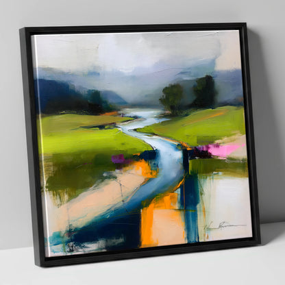 Vibrant Winding River and Valley lake district waterfall canvas wall art in black frame