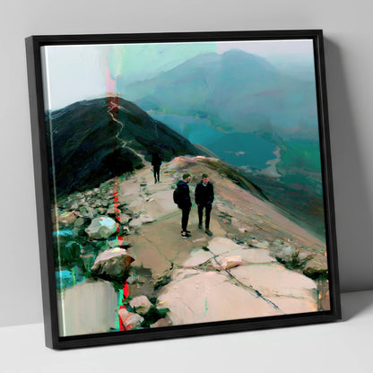 Mountain Hikers on Misty Ridge lake district fell canvas wall art in black frame