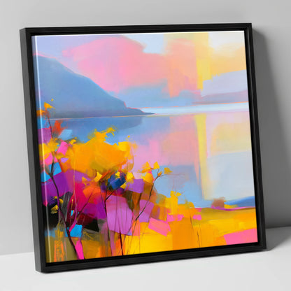Vibrant Gorse Above the Lake lake district wildflower canvas wall art in black frame