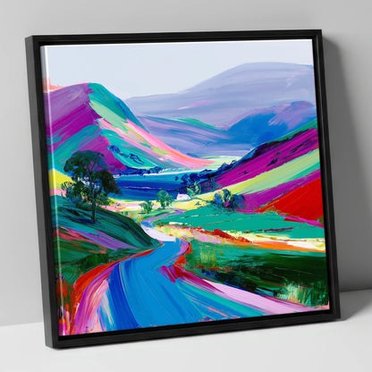 Vibrant Rolling Fells and Valley lake district fell canvas wall art in black frame