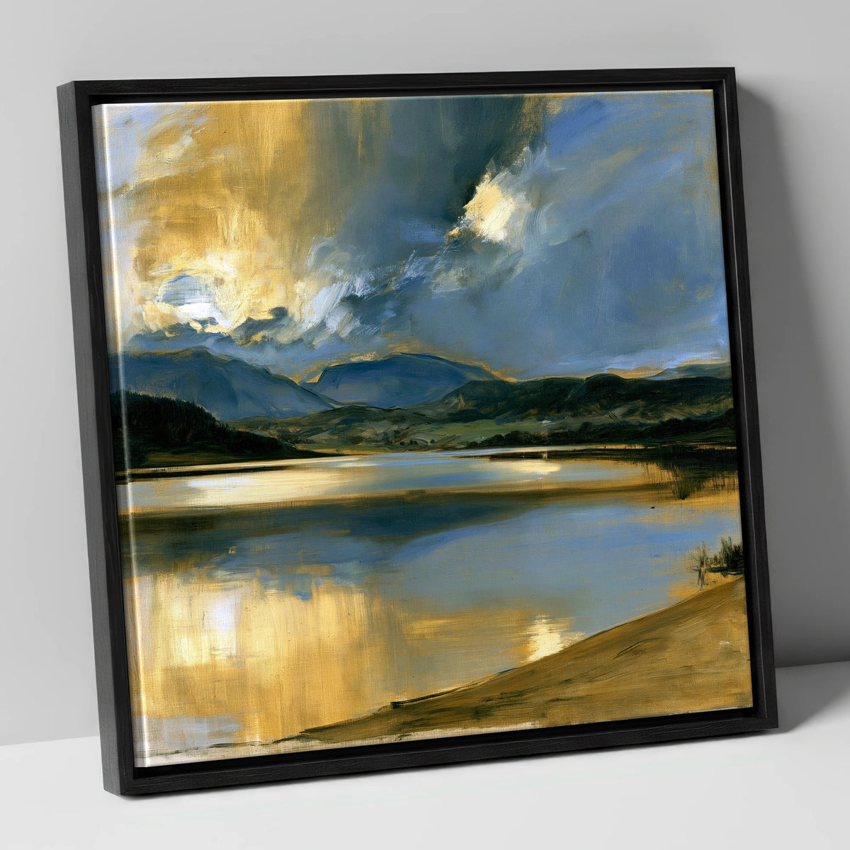 Ochre Dawn Over Still Lake lake district lake canvas wall art in black frame