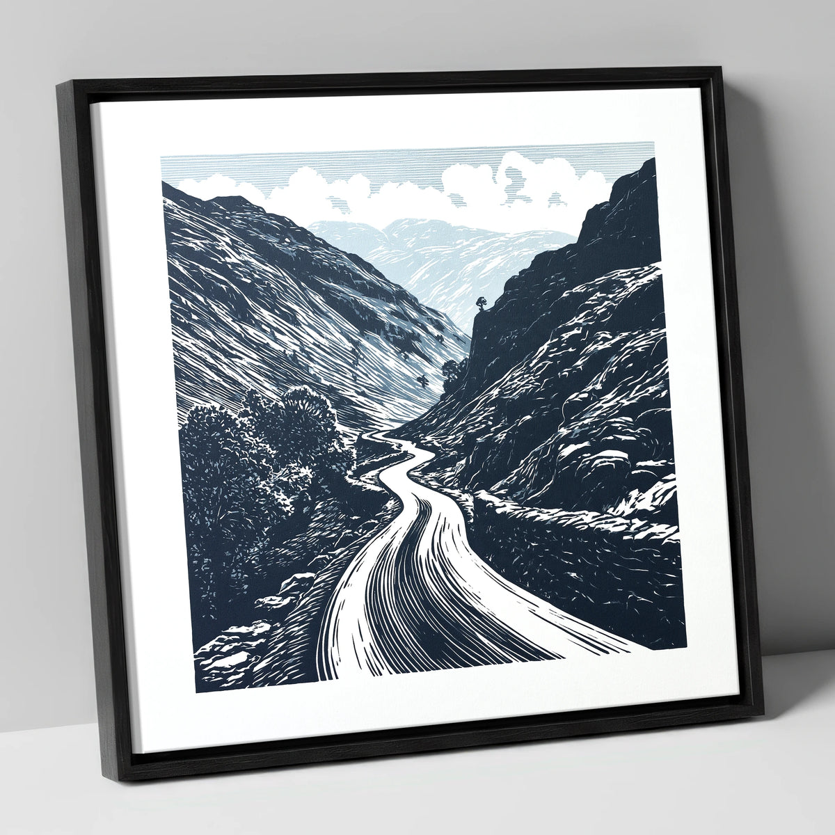 Navy Blue Hardknott Pass Road lake district valley canvas wall art in black frame