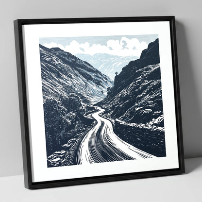 Navy Blue Hardknott Pass Road lake district valley canvas wall art in black frame