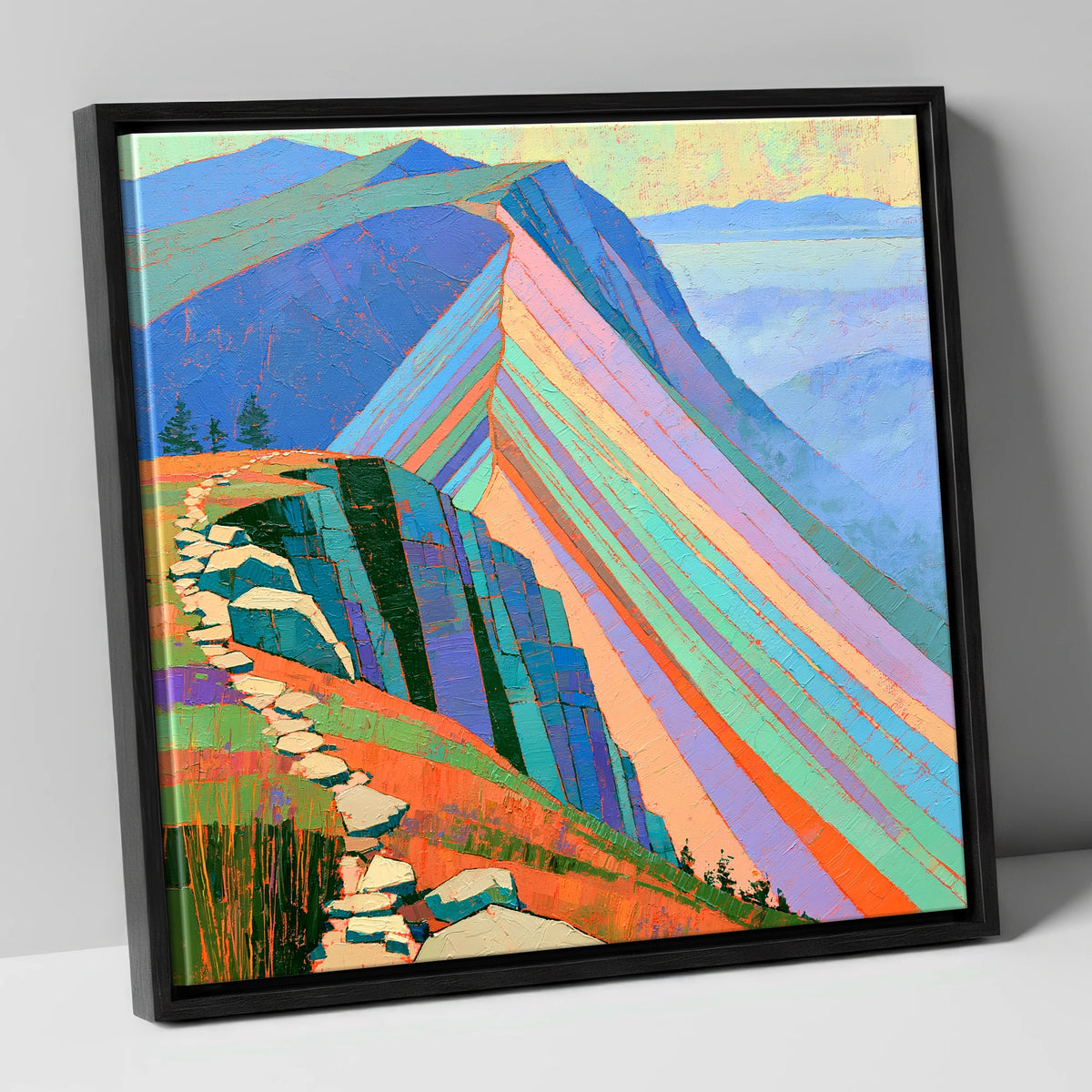 Colourful Striated Mountain Ridge lake district fell canvas wall art in black frame