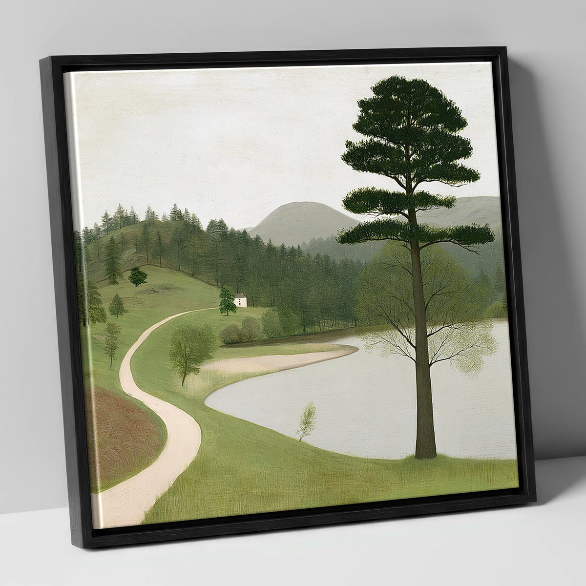 Tall Pine at Tarn Hows lake district lake canvas wall art in black frame