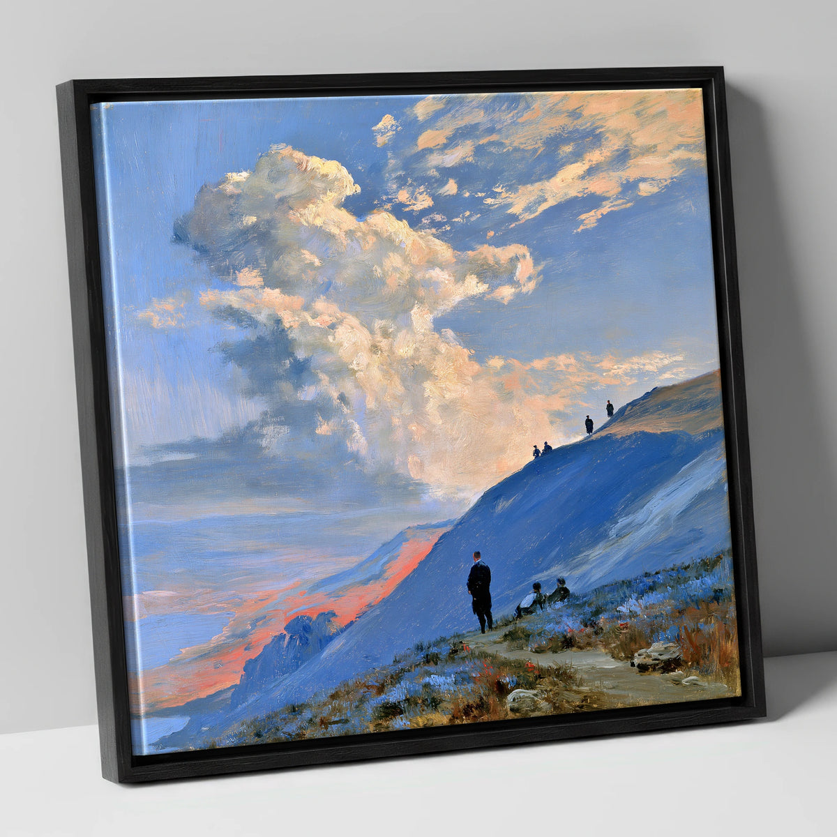 Fell Hikers Under Sunlit Clouds lake district fell canvas wall art in black frame