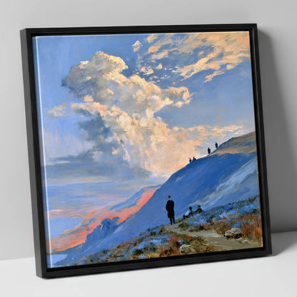 Fell Hikers Under Sunlit Clouds lake district fell canvas wall art in black frame