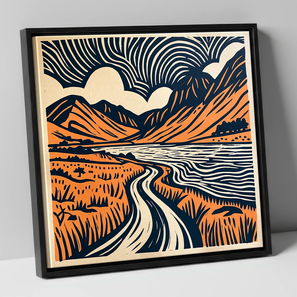 Ennerdale in Navy and Terracotta lake district valley canvas wall art in black frame