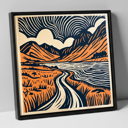 Ennerdale in Navy and Terracotta lake district valley canvas wall art in black frame