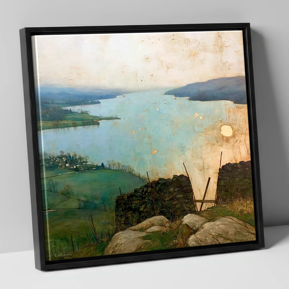 Lake Windermere in Golden Haze lake district lake canvas wall art in black frame
