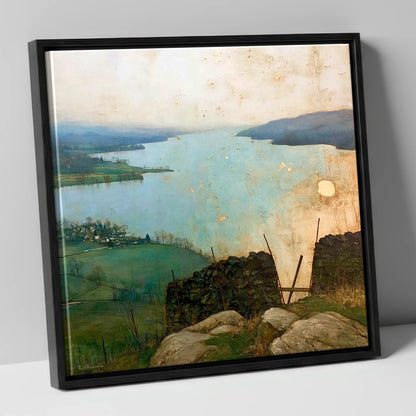 Lake Windermere in Golden Haze lake district lake canvas wall art in black frame
