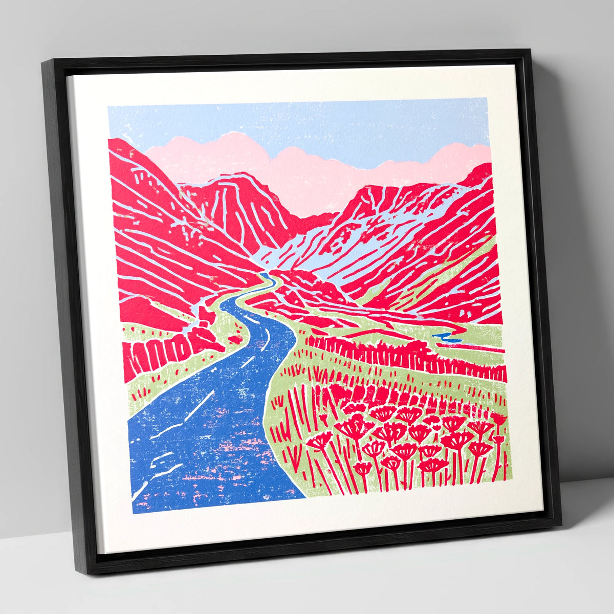 Red Fells Over Hardknott Pass lake district valley canvas wall art in black frame
