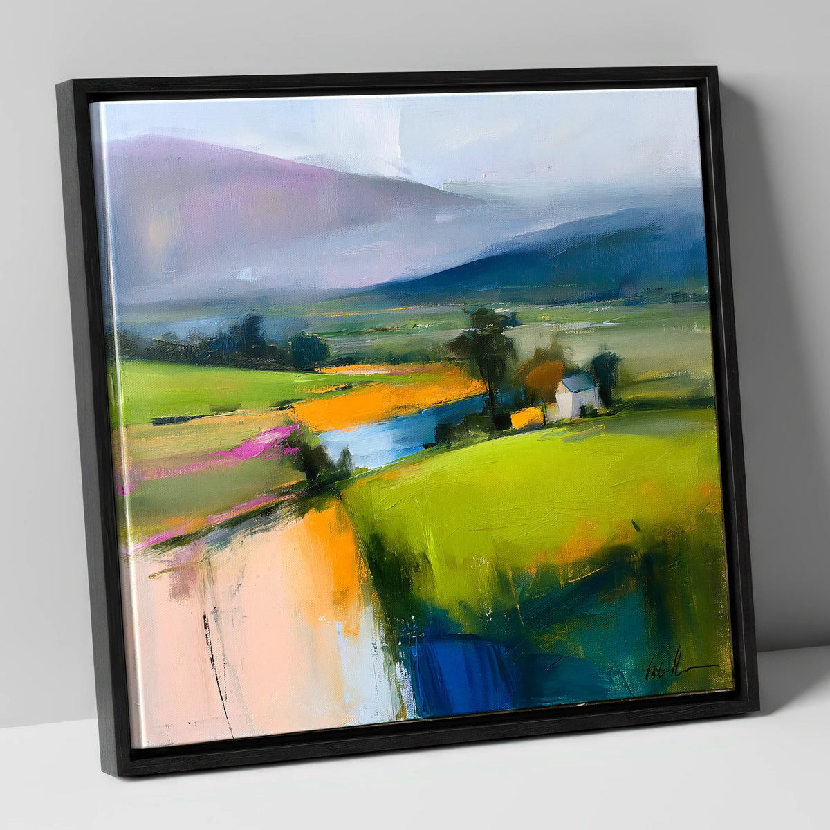 Vibrant Patchwork Valley Fields lake district valley canvas wall art in black frame